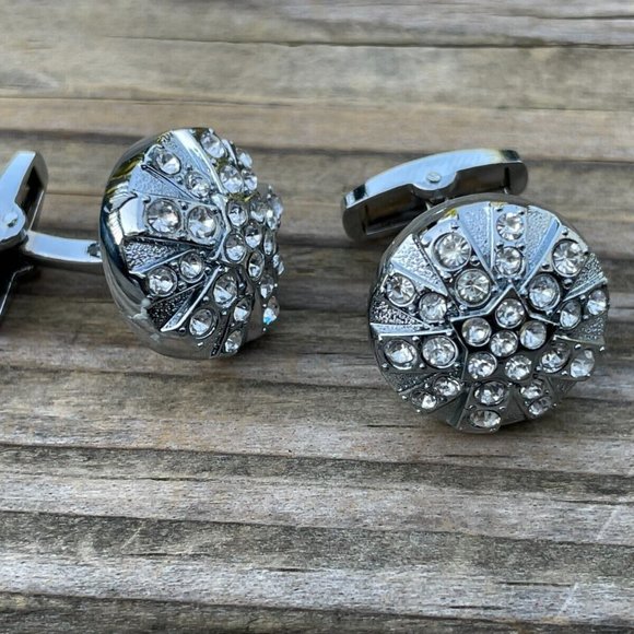Cuff Links Men Shirt Crystal Accent Studd Cufflink Silver Tone Cuff link - Picture 3 of 12